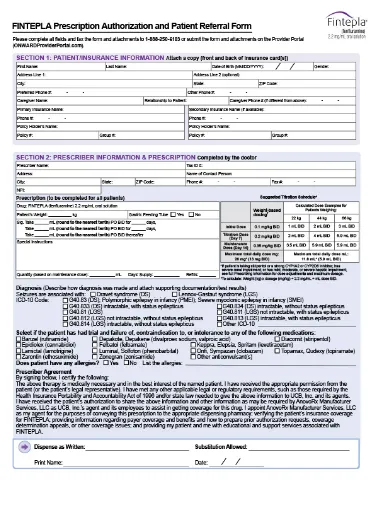 FINTEPLA Prescription Authorization and Patient Referral Form PDF