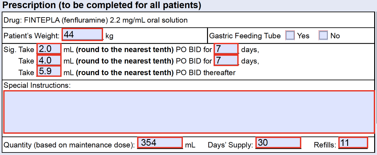 Image showing the inputs in the FINTEPLA® Prescription Authorization and Patient Referral Form.
